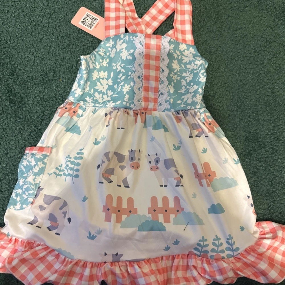 Charming Kids' Farm Print Dress - Blue and Pink